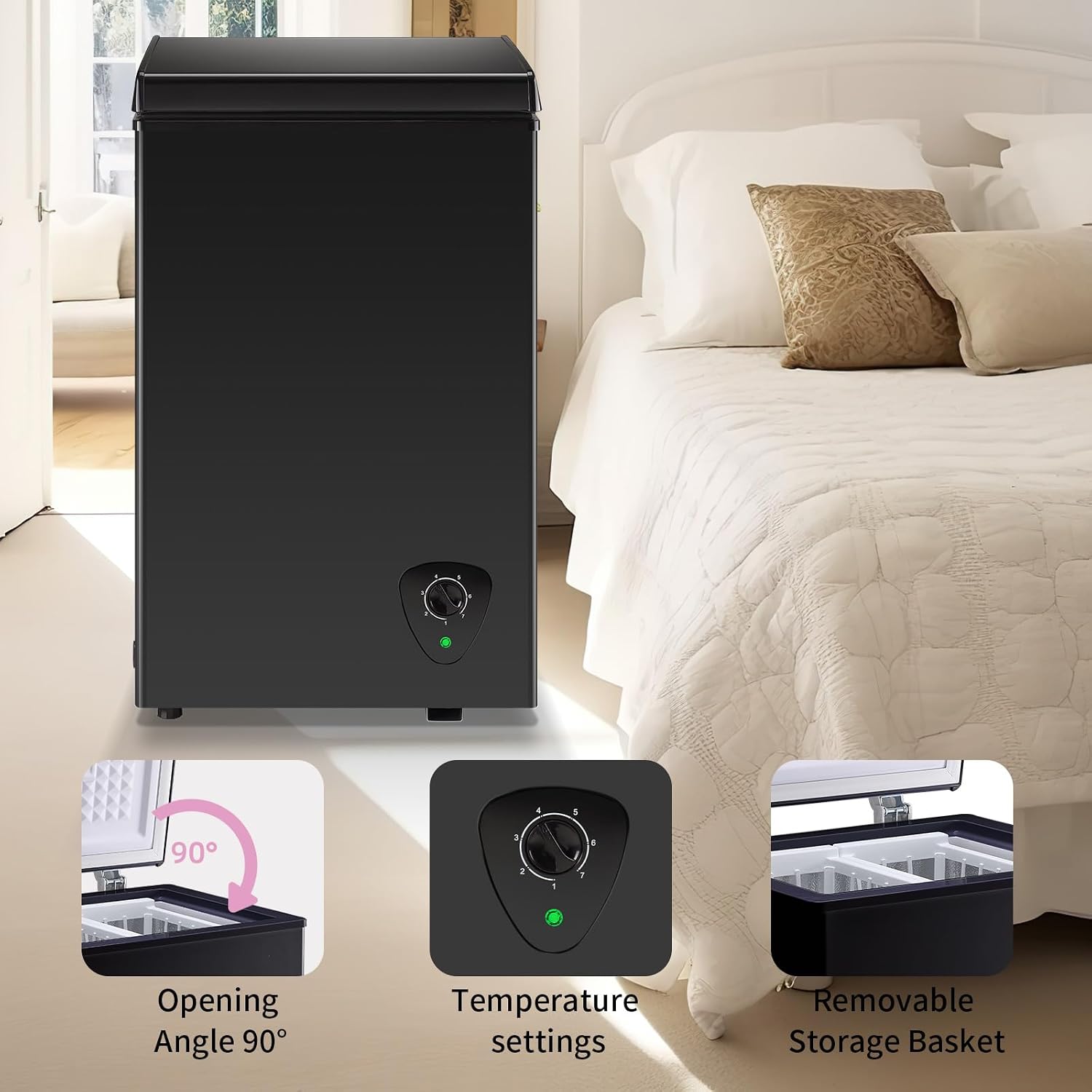 Chest Freezer Small Deep Freezer WANAI 2.2 Cu.Ft Mini Freezer Free-Standing Top Door Freezer Adjustable 7 Thermostat and Removable Basket Open Deep Freezer Apartment Kitchen, Black