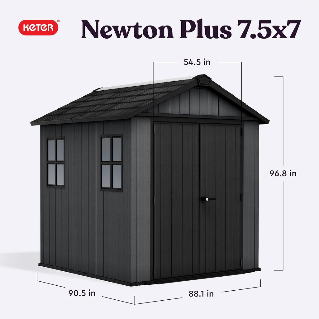 Keter Newton Plus 7.5x7 Ft All-Weather Storage Shed with Skylight, Window, Built-in Ventilation, Customizable Walls, & Lockable Double Doors, Graphite
