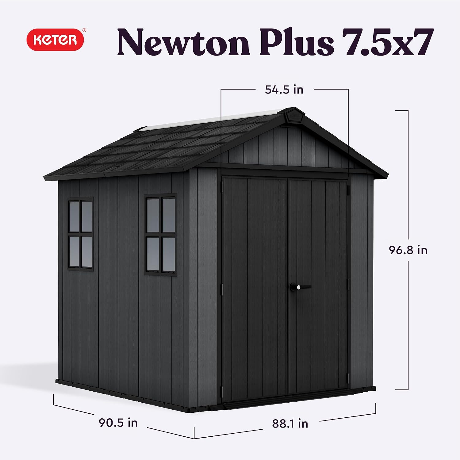 Keter Newton Plus 7.5x7 Ft All-Weather Storage Shed with Skylight, Window, Built-in Ventilation, Customizable Walls, & Lockable Double Doors, Graphite