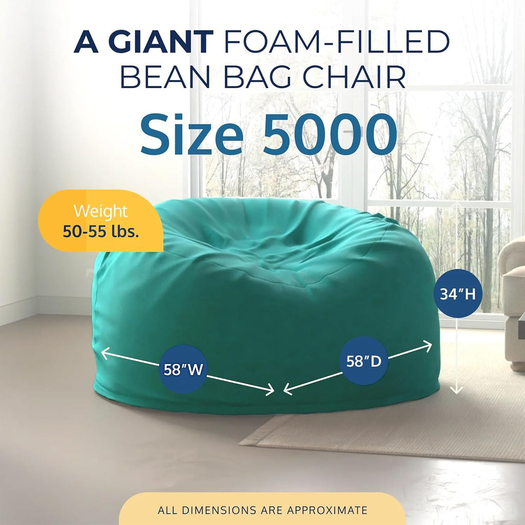 ULTIMATE SACK 5000 5-Foot Bean Bag Chair, Teal Suede Cover – Oversized Foam Lounger, Floor Seat, Small Sofa, or Couch Bed for Living Area, Gaming Room, or Reading Lounge