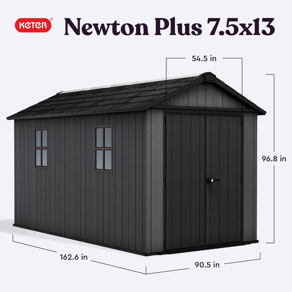 Keter Newton Plus 7.5x13 Ft All-Weather Storage Shed with Skylight, Window, Built-in Ventilation, Customizable Walls, & Lockable Double Doors, Graphite