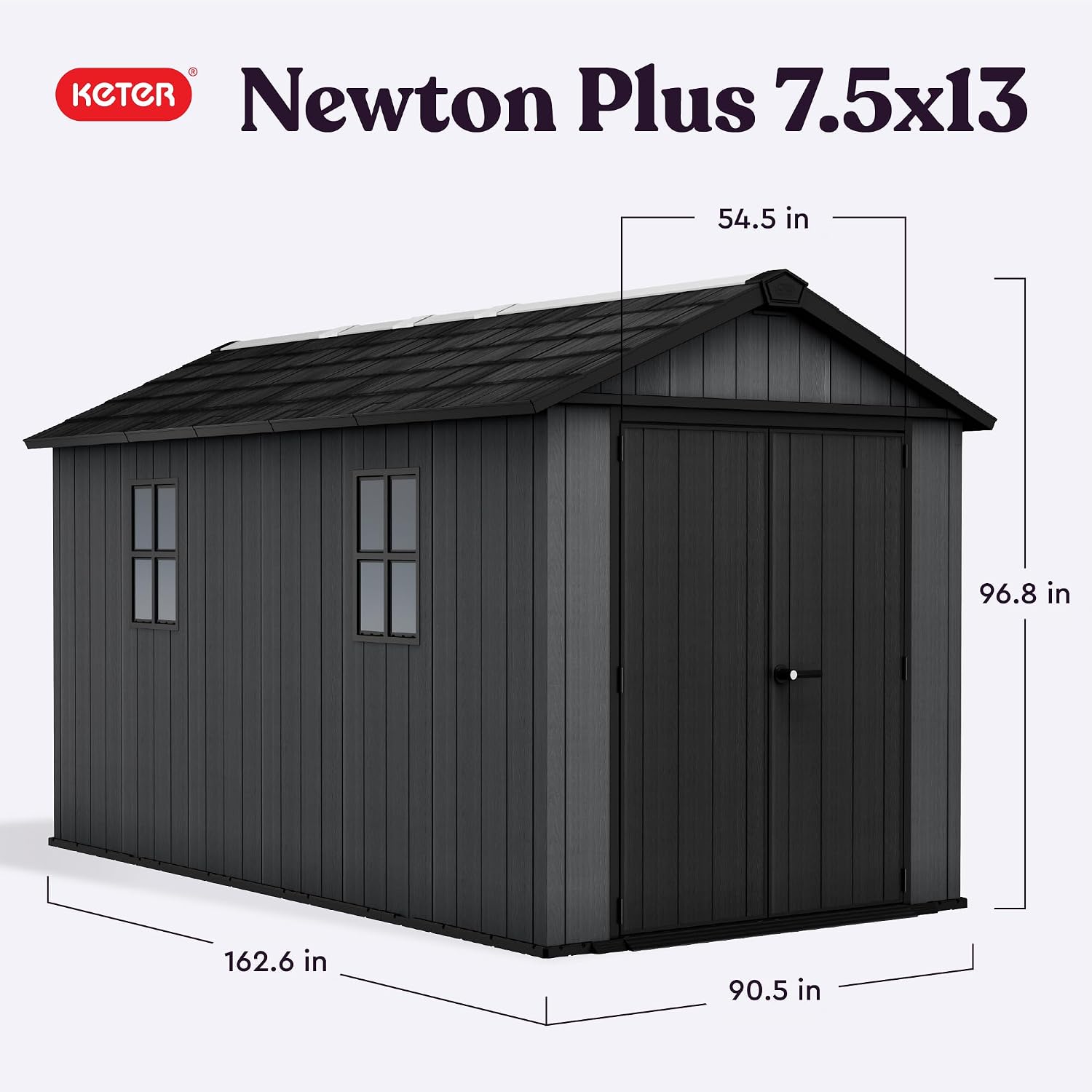 Keter Newton Plus 7.5x13 Ft All-Weather Storage Shed with Skylight, Window, Built-in Ventilation, Customizable Walls, & Lockable Double Doors, Graphite