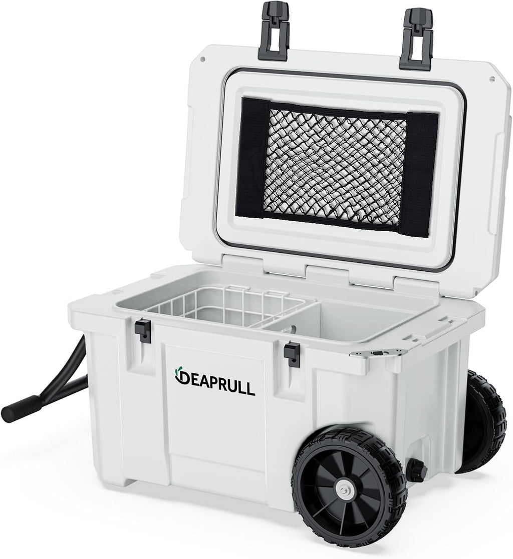55 Quart Cooler with Wheels, Ice Chests Portable Camping Cooler Holds Ice up to 6 Days, Leak-Proof Outdoor Insulated Cooler with Handle, Cup Holders, Hard Cooler for Camping, Beach, Boat