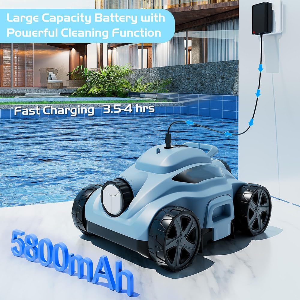 Cordless Robot Pool Cleaner, Maximum Cleaning Area 100 Square Meters, Intelligent Path Planning, Running Time 110 Minutes, 5800mah Battery,Suitable for Above-Ground and Underground Pools