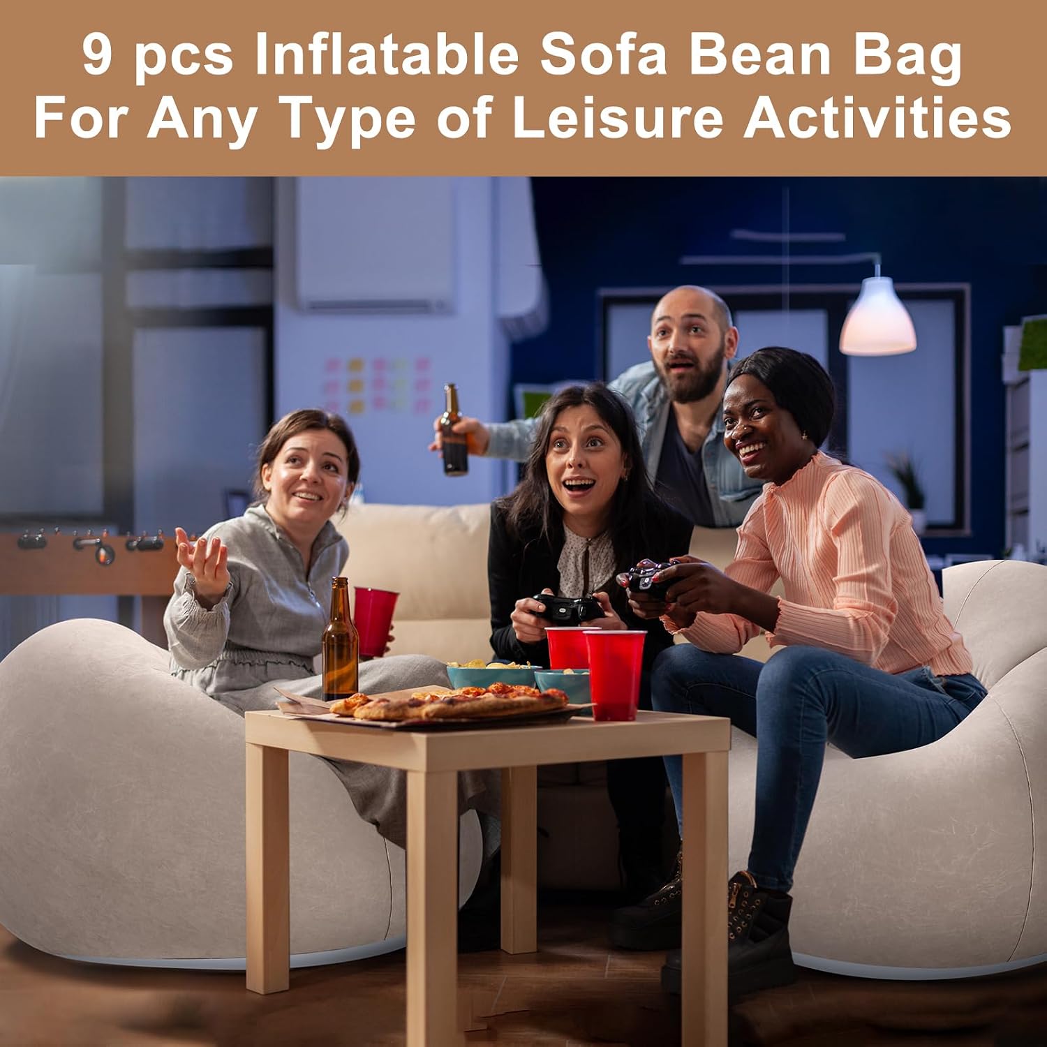 Realspring 6 9 12 Pcs Inflatable Bean Bag Chairs for Adults with Electric Air Pump, Blow up Couch Folding Portable Inflatable Couch Lazy Sofa for Outdoor Movie Night Camping(Coffee,9 Pcs)