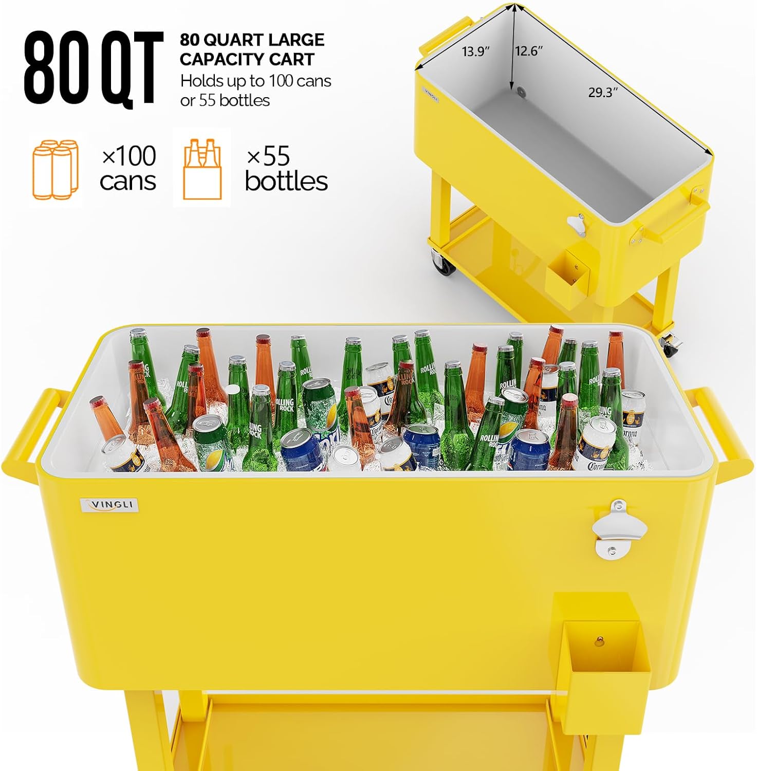 VINGLI Rolling Ice Chest, Portable Patio Party Bar Drink Cooler Cart, with Shelf, Beverage Pool with Bottle Opener