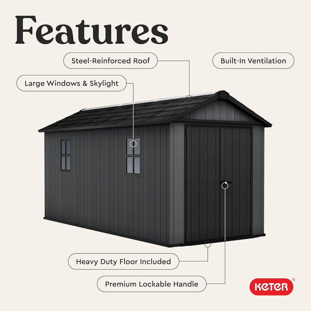 Keter Newton Plus 7.5x15 Ft All-Weather Storage Shed with Skylight, Window, Built-in Ventilation, Customizable Walls, & Lockable Double Doors, Graphite