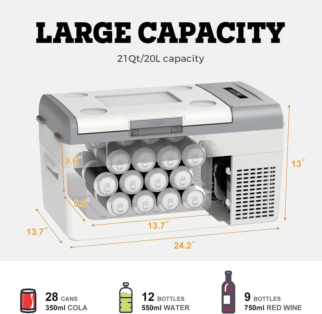 Setpower 12V Refrigerator with PG216 Battery 21QT Compact Car Refrigerator With Fixed Ropes Portable Electric Cooler 12V Fridge for Truck RV SUV Van Travel Road Trip Car Camping
