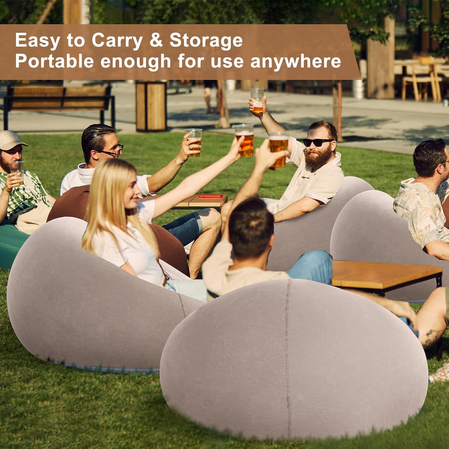 Realspring 6 9 12 Pcs Inflatable Bean Bag Chairs for Adults with Electric Air Pump, Blow up Couch Folding Portable Inflatable Couch Lazy Sofa for Outdoor Movie Night Camping(Coffee,12 Pcs)