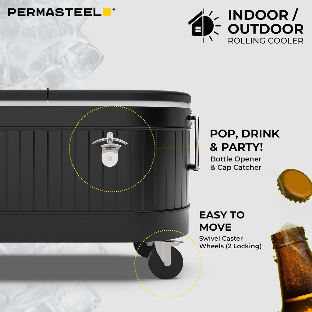 Permasteel Rolling Patio Cooler – Large Outdoor Ice Chest with Wheels, Beverage Cooler for Backyard, BBQ, Tailgate, Beach, Parties, Rustic Farmhouse Design