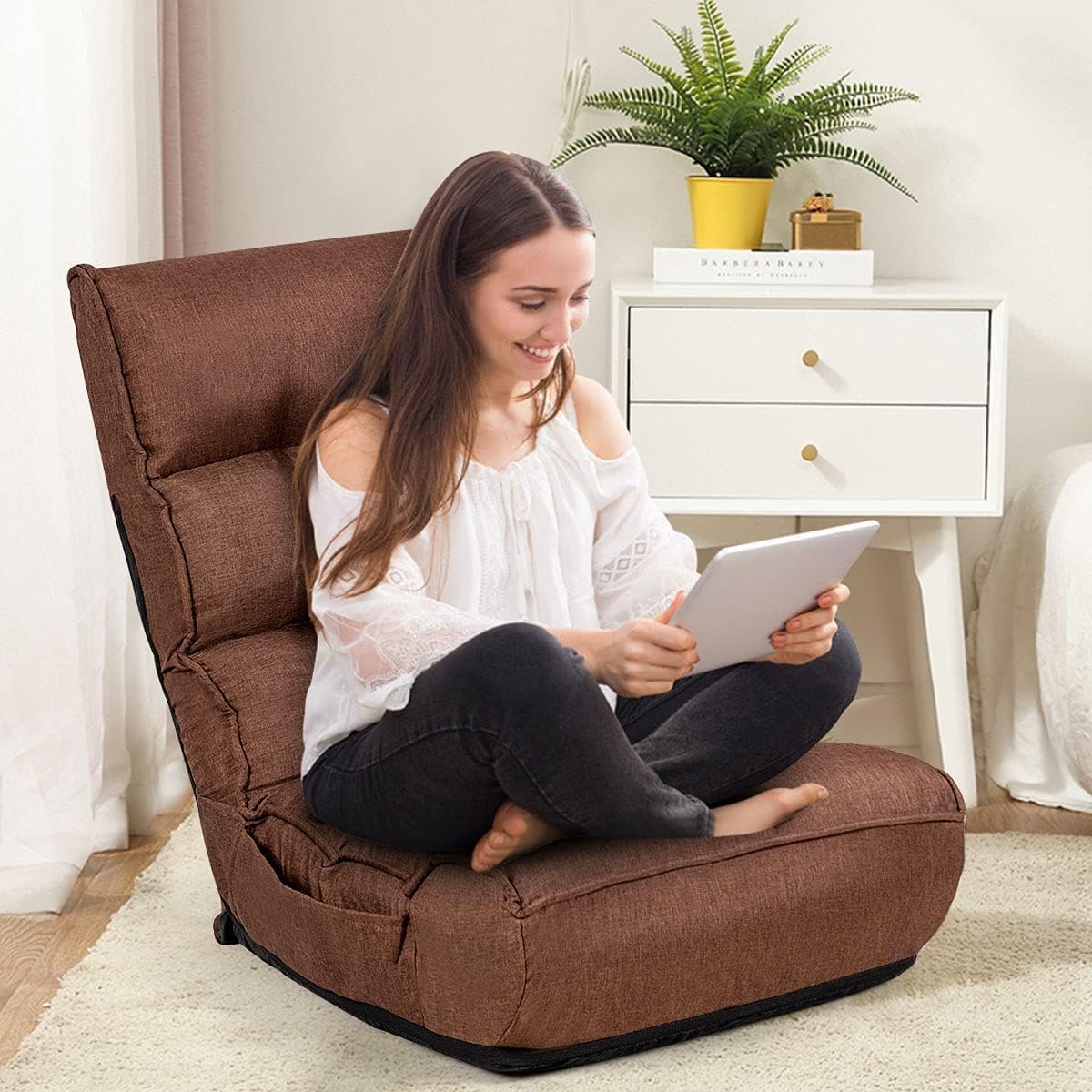 LDAILY Moccha Folding Floor Chair, Adjustable Sofa Chair with 5-Position Headrest & 4-Position Backrest, Floor Gaming Chairs with Thicken Cushion, Padded Chaise Lounge for Bedroom, Living Room, Brown