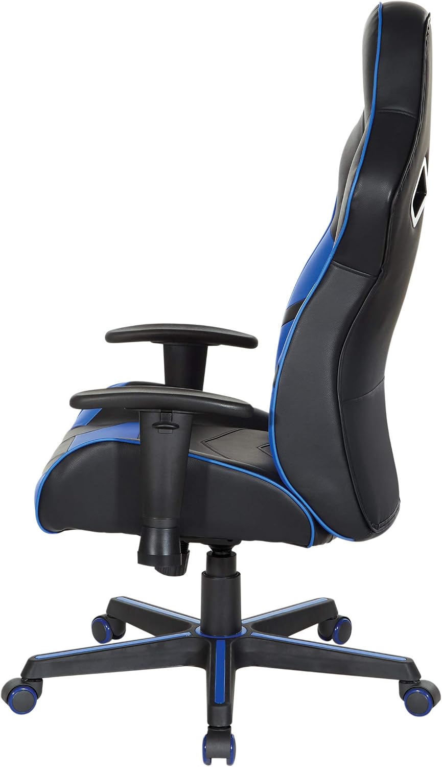 OSP Home Furnishings Vapor Ergonomic Adjustable High Back Faux Leather Gaming Chair with Coil Spring Seat and Integrated Cooling Airflow, Blue Accents