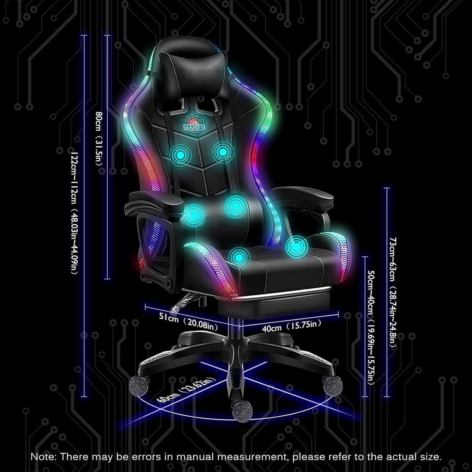 Video Gaming Chair with Footrest,Game Chair with Bluetooth Speakers,Computer Chair with LED Lights,Ergonomic Massage Gaming Chair with Massage Function,360°Swivel 90°-135° Adjustment Backrest (Black)