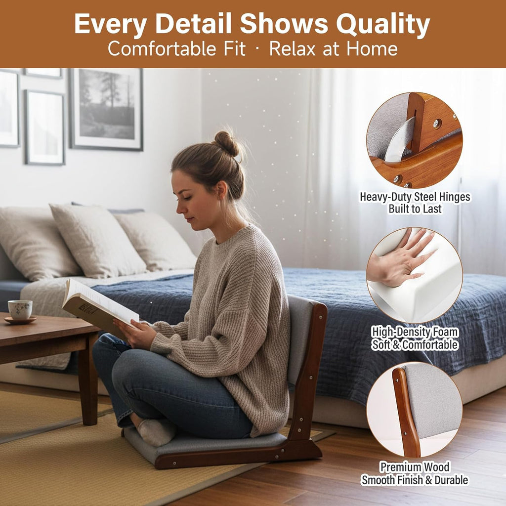 Tiita Floor Chair with Back Support, Foldable Meditation Tatami Chairs, Backrest Chair with Cushion, Living Room Chair Seat 2 Pack, Walnut Grey