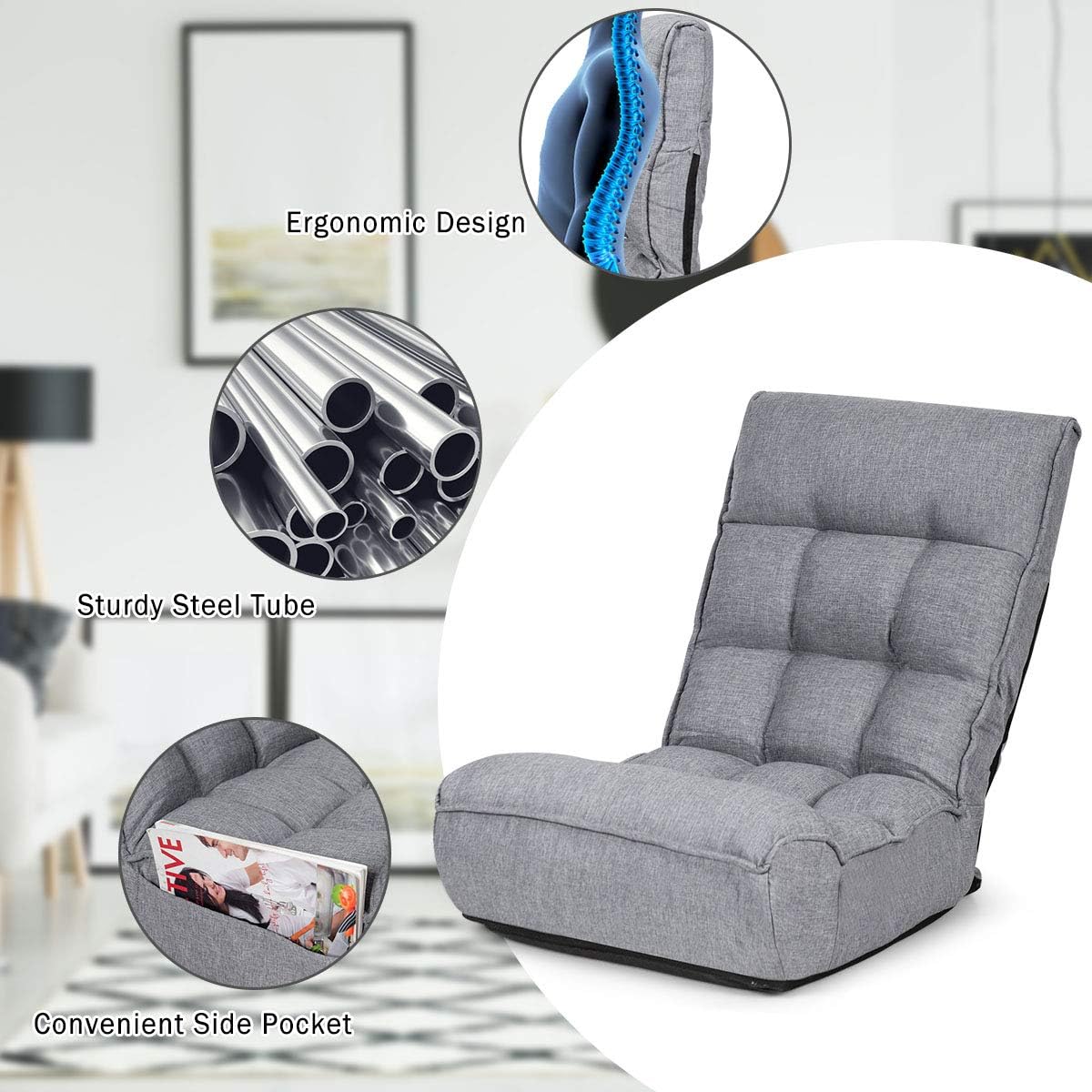 ARLIME 4-Position Adjustable Floor Chair, Armless Floor Gaming Chair w/Back Support & Soft Cushion, Memory Foam Floor Lazy Sofa Chair for Gaming, Reading, Meditating (Gray), Grey