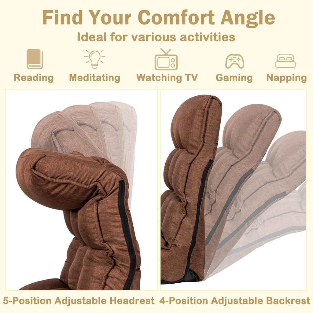 KOMFOTT Folding Floor Chair for Adults, Floor Gaming Chair with 5-Position Adjustable Headrest & 4-Position Adjustable Backrest, Side Pocket, Floor Seating Lazy Sofa for Reading, Meditating, Brown