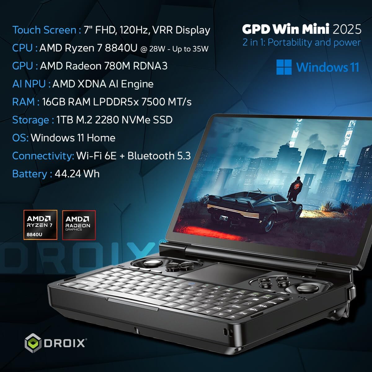 GPD Win Mini 2025 Handheld Gaming PC, AMD Ryzen 7 8840U, 8C/16T up to 5.1GHz, Radeon 780M GPU, 16GB LPDDR5X RAM, 1TB NVMe SSD, 7' 1080p 120Hz Touchscreen, Wi-Fi 6E Bluetooth 5.3