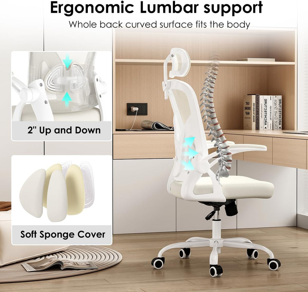 Farini Ergonomic Office Chair, Home Office Desk Chair with Headrest, High Back Swivel Computer Chair with Armrests and Adjustable Lumbar Support for Home Office Study Room, White & Beige