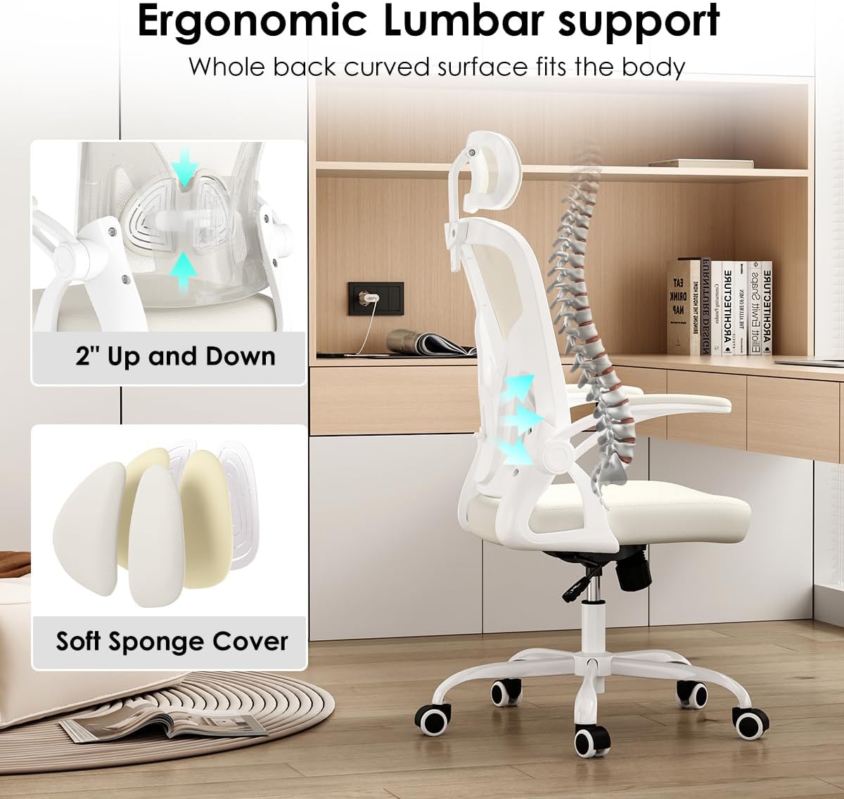 Farini Ergonomic Office Chair, Home Office Desk Chair with Headrest, High Back Swivel Computer Chair with Armrests and Adjustable Lumbar Support for Home Office Study Room, White & Beige