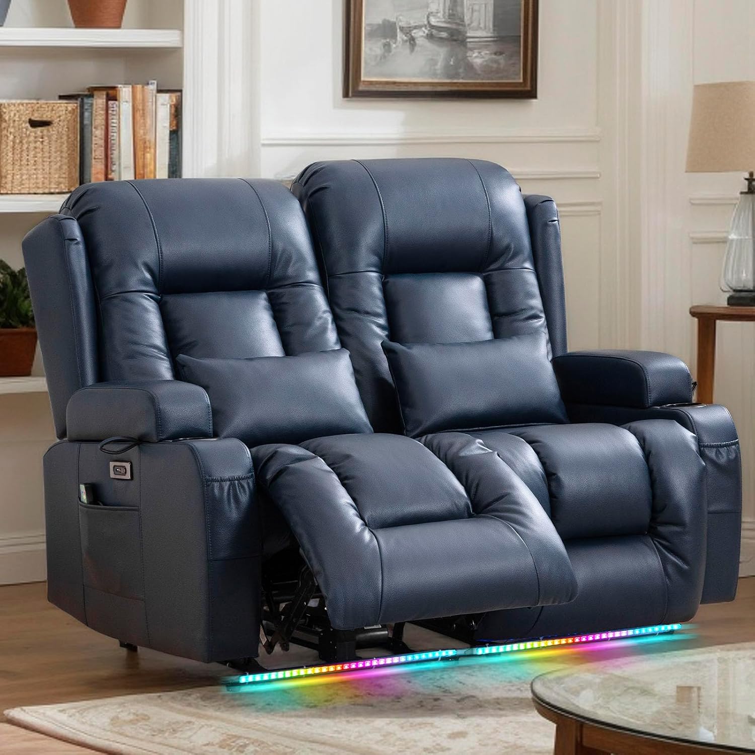 Loveseat Recliner Sofa, Leather Sofa with Massage & Heating, Home Theater Seating Power Reclining Loveseat with LED Light/Cup Holders/Lumbar Pillow (Blue, Loveseat)