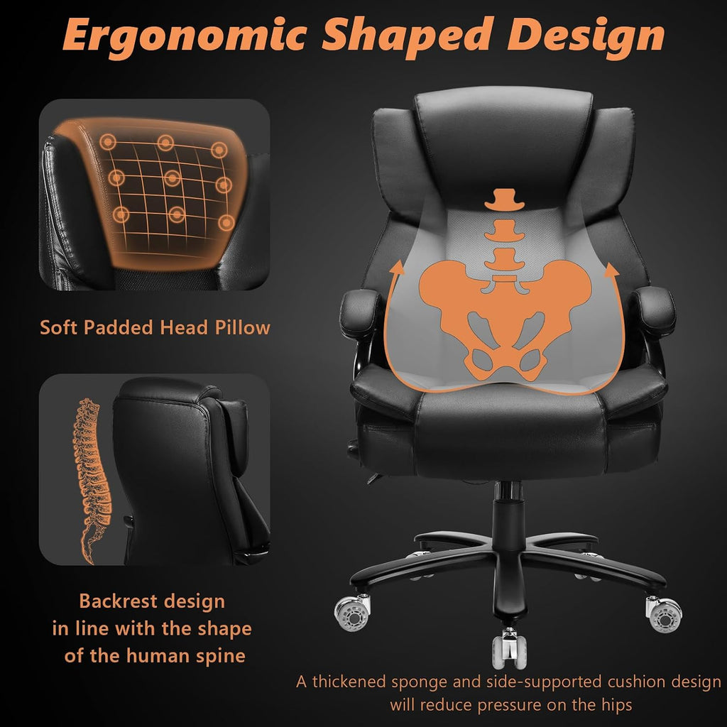 Indulgear 500lbs Big and Tall Office Chair with Dual Rubber Wheel, Heavy Duty Office Chair for Low Back Pain Relief, Large Executive Desk Chair with Adjustable Lumbar Support