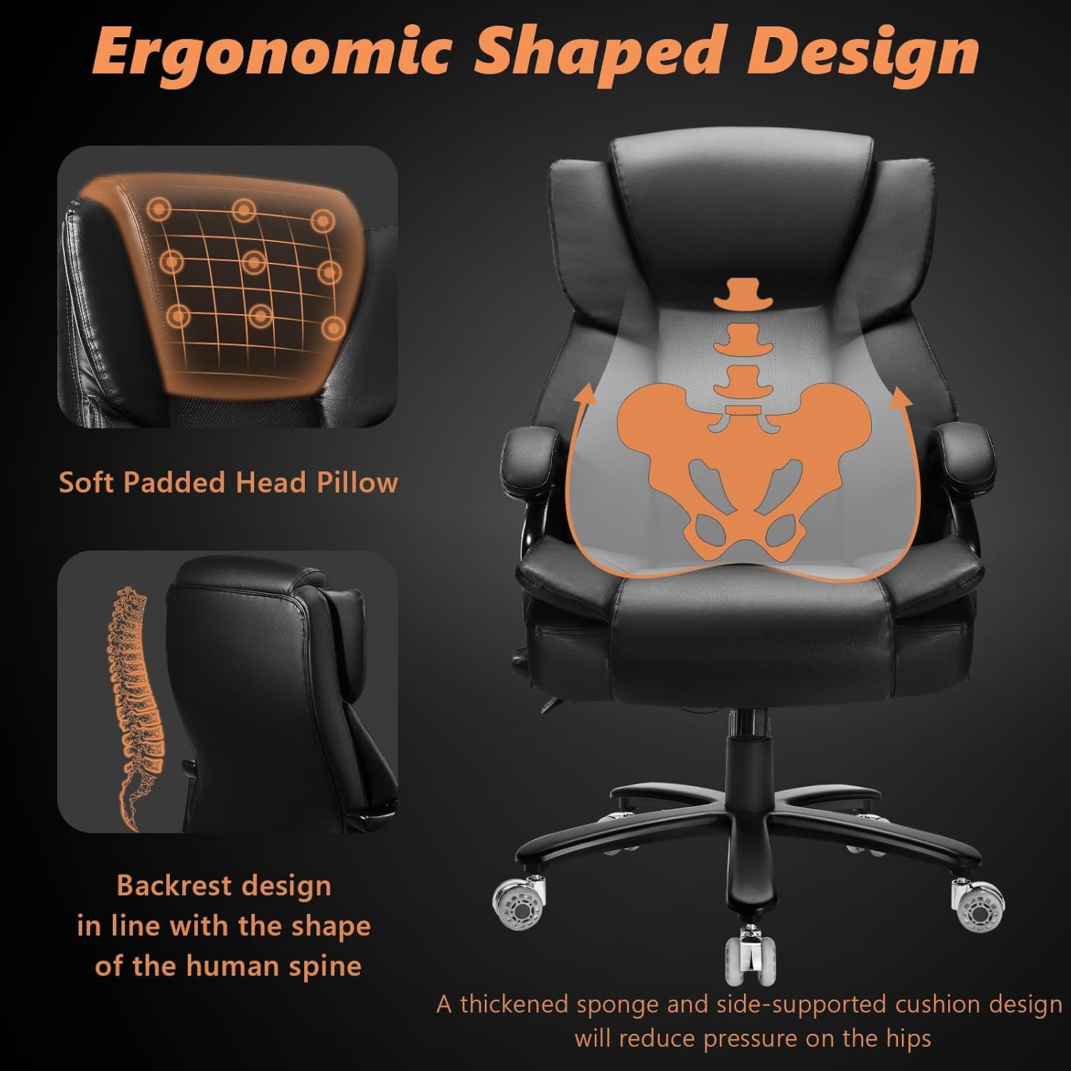 Indulgear 500lbs Big and Tall Office Chair with Dual Rubber Wheel, Heavy Duty Office Chair for Low Back Pain Relief, Large Executive Desk Chair with Adjustable Lumbar Support