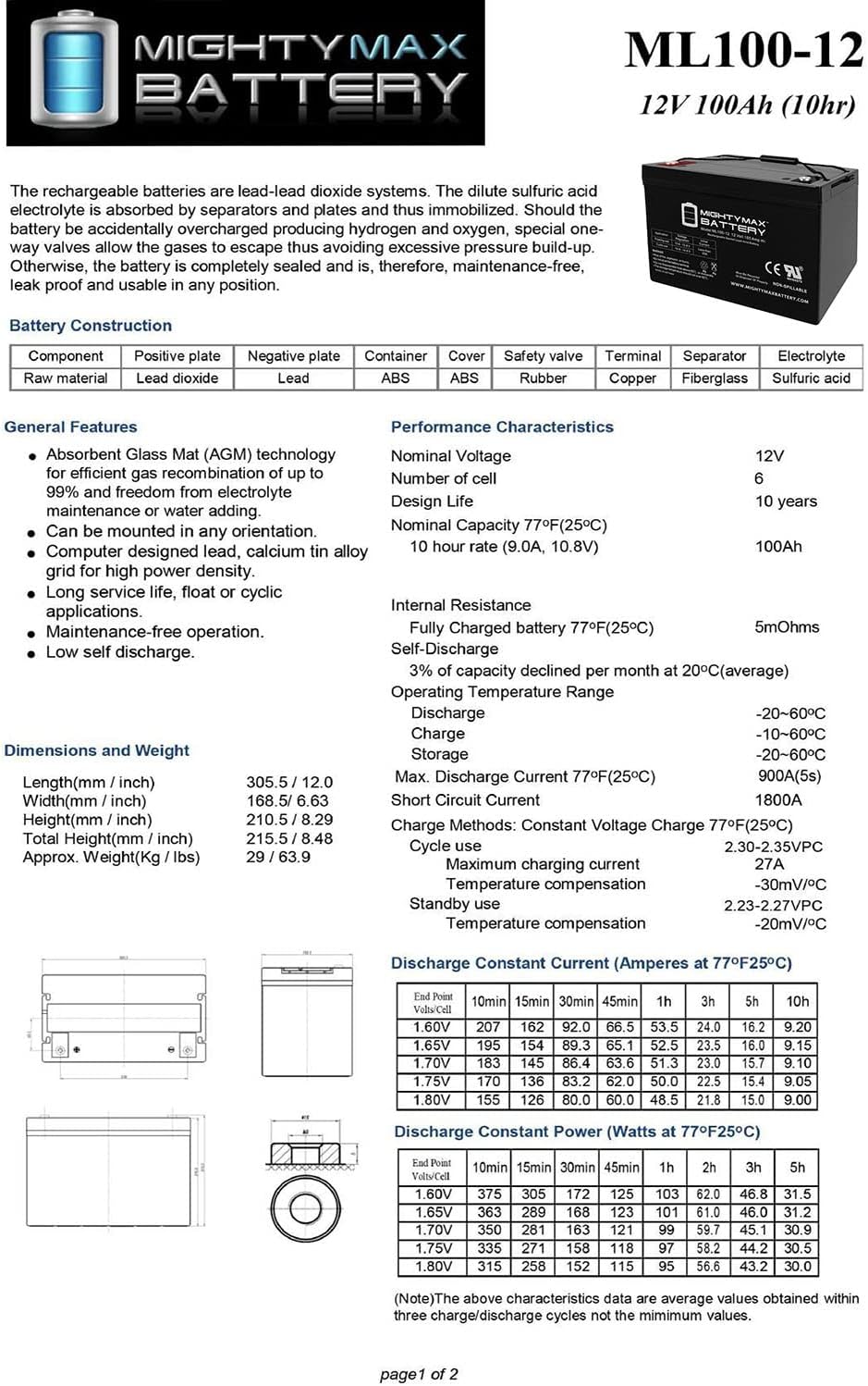 Mighty Max Battery 12V 100Ah SLA AGM Battery for Eco-Pro Portable Solar Generator
