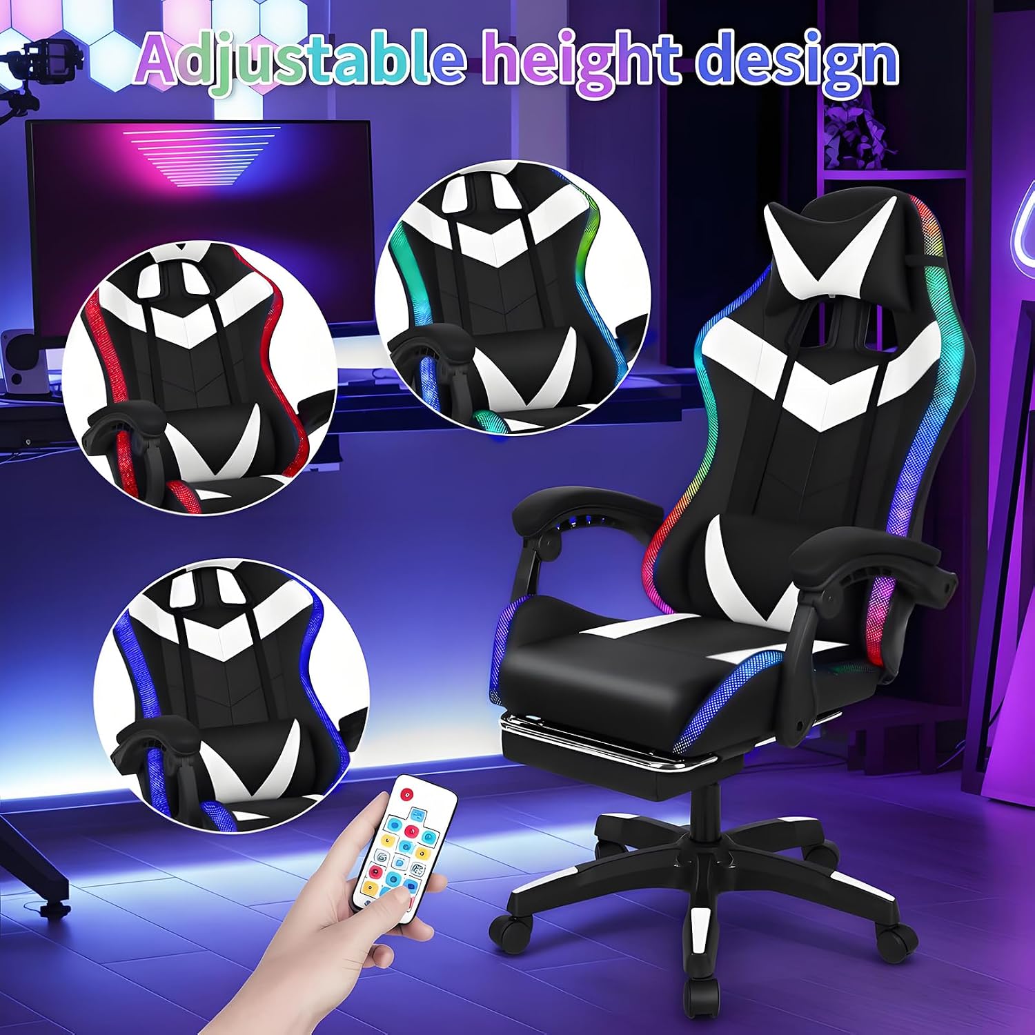 Gaming Chair with Bluetooth Speakers and LED Lights, Gamer Chair with Height Adjustable, Ergonomic Massage Computer Gaming Chair with Footrest, Video Game Chair with Lumbar Support for Adults