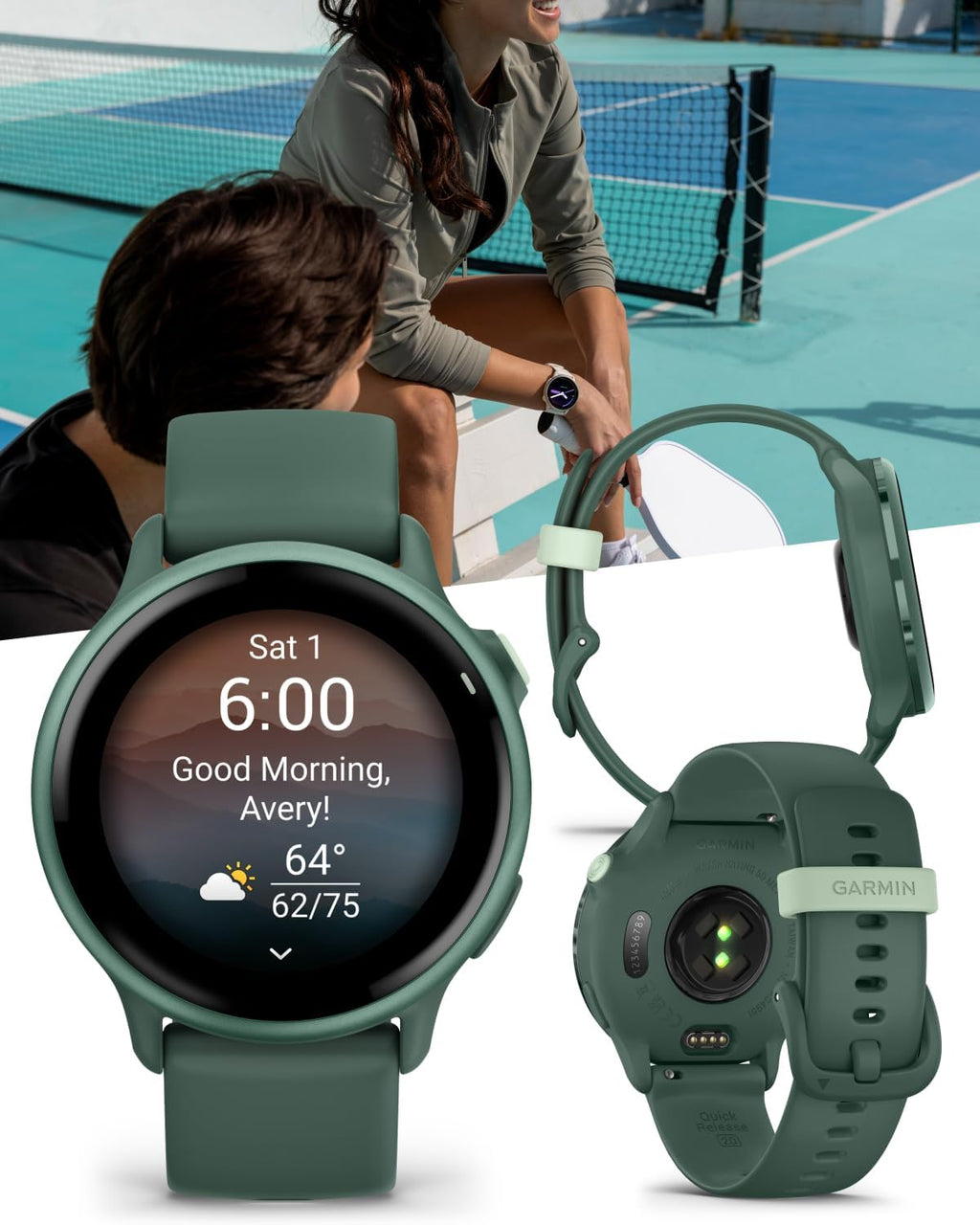 Garmin Vivoactive 6 - Health & Fitness Smartwatch, 1.2 in AMOLED, GPS Sports Tracking, Up to 11 Days of Battery, Metallic Jasper Green & Jasper Green Band w Black Earbuds Bundle