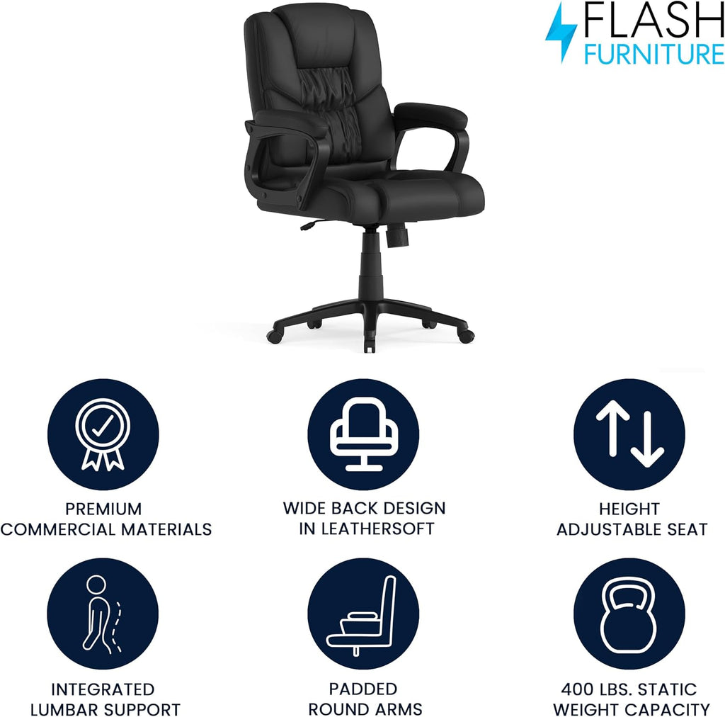 Flash Furniture Fundamentals Big & Tall Swivel LeatherSoft Office and Gaming Chair, Ergonomic Office Chair with Padded Armrests and Adjustable Height, Black