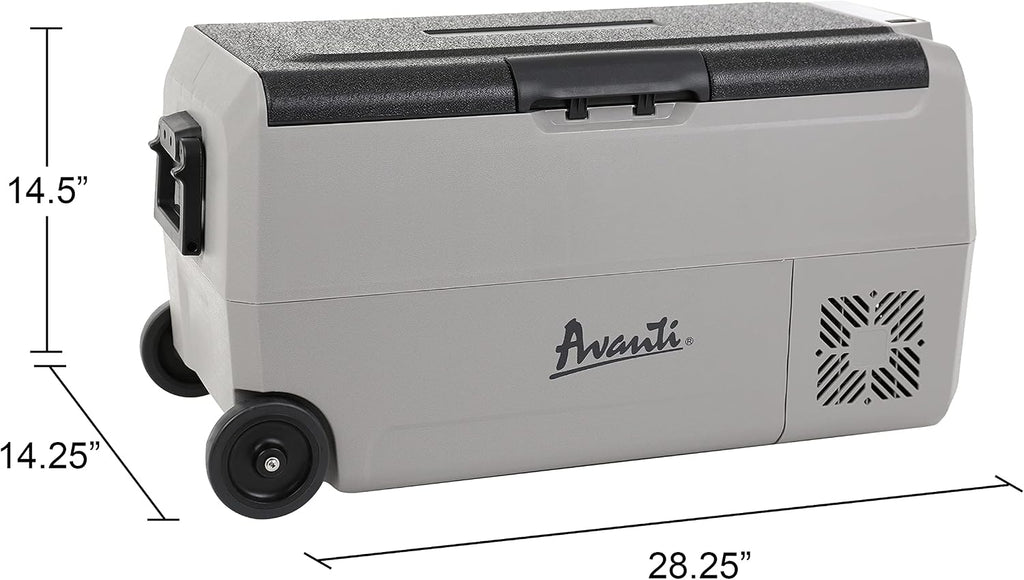 Avanti Cooler Portable Refrigerator and Freezer Travel Fridge with 36 Liter Capacity, Adjustable Zone Separation, Easy-Pull Rolling Design, LED Lights, AC/DC, Gray