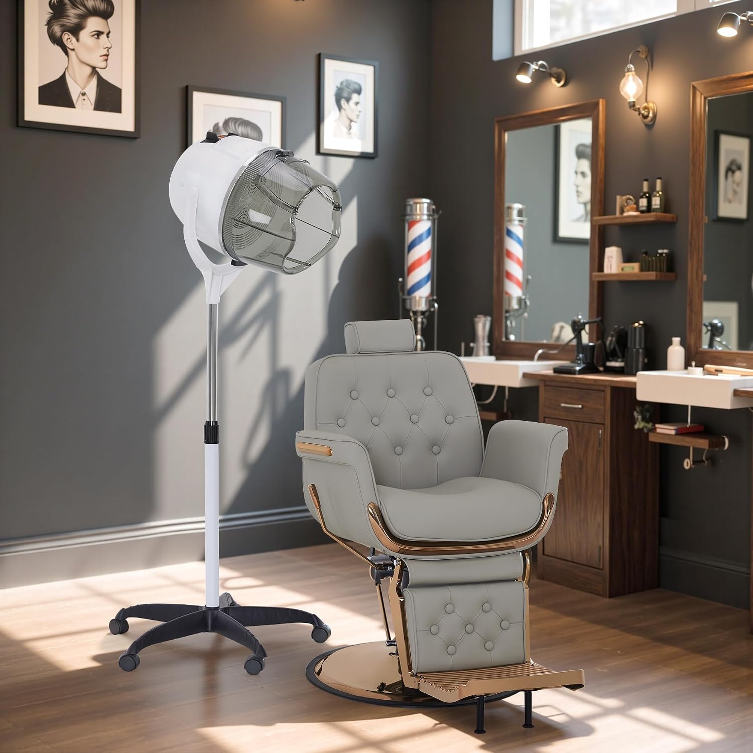 BarberPub 1000W Hooded Hair Bonnet Dryer with Stand, Height Adjustable Floor Standing Rolling Base, Beauty Salon Equipment with 360° Rotation VHD08 (White)