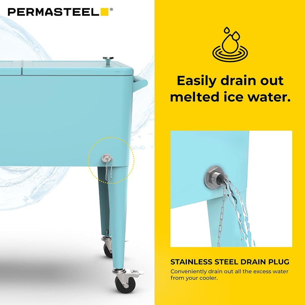 Permasteel 80-Qt Large Outdoor Patio Cooler with Wheels & Handles, Portable Rolling Hard Cooler for Outside, Retro Ice Cooler Cart, Beverage Can Coolers for Backyard Parties