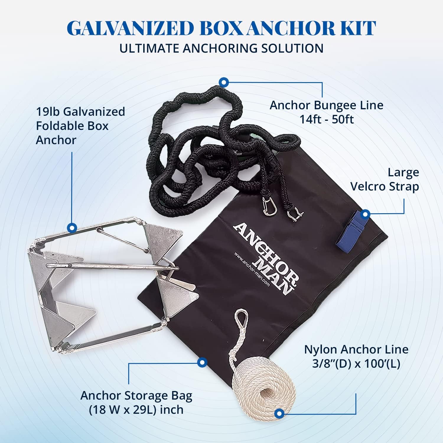 Anchor-Man Box Anchor Kit - Ultimate Boat Anchor Kit, Hot Dipped Galvanized 9 Gauge Steel Boat Anchors for 25'/ 25'+ Boats - Pontoon Boat Anchor Kit Box Size, Large Pontoon Anchor Boat Kit