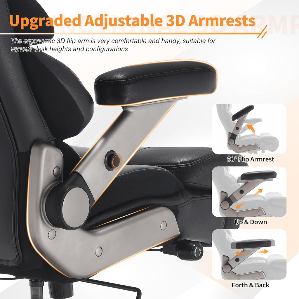 VUZI 700lbs Big and Tall Office Chair-Large Computer Chair with Adjustable Lumbar Support 3D Flip Arms Plus Size Wheels, High Back Executive Desk Chair, Heavy Duty Metal Base, Thick Padded Wide Seat