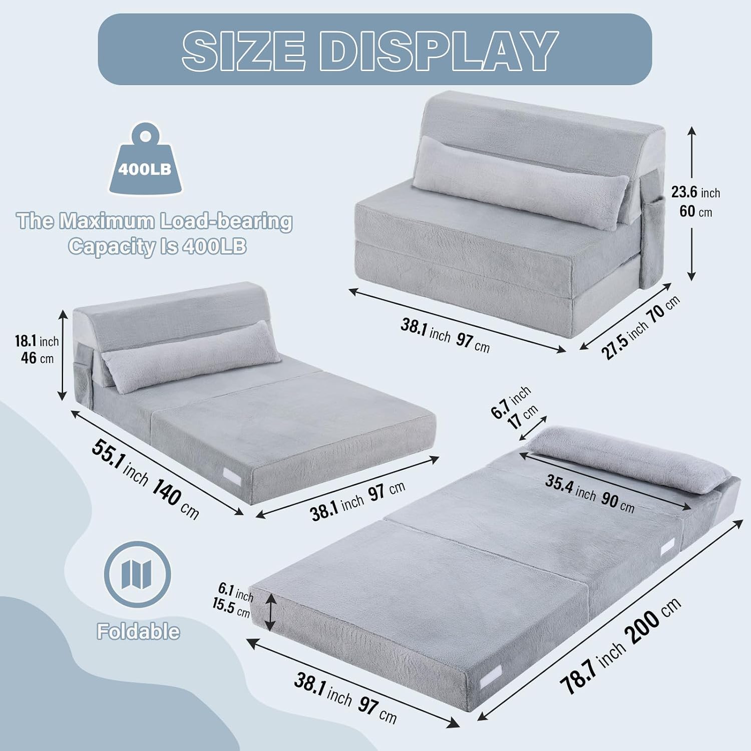 Tiita Convertible Folding Sofa Bed Twin Size for Adults with Pillow, Plush Fabric Floor Mattress Couch Bed, Washable Cover & Side Pocket, Guest Room, Dorm, Apartment, Living Room, White Gray
