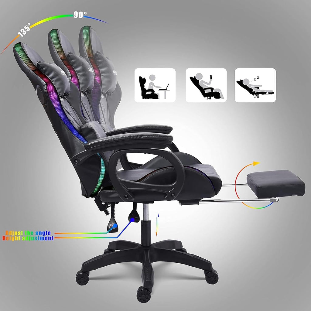 Gaming Chair with Bluetooth Speakers,Computer Chair Massage with LED Lights,Ergonomic Game Chair,Computer Stool with Footrest and Lumbar Support Height Adjustable with 360°-Swivel Seat (Black)