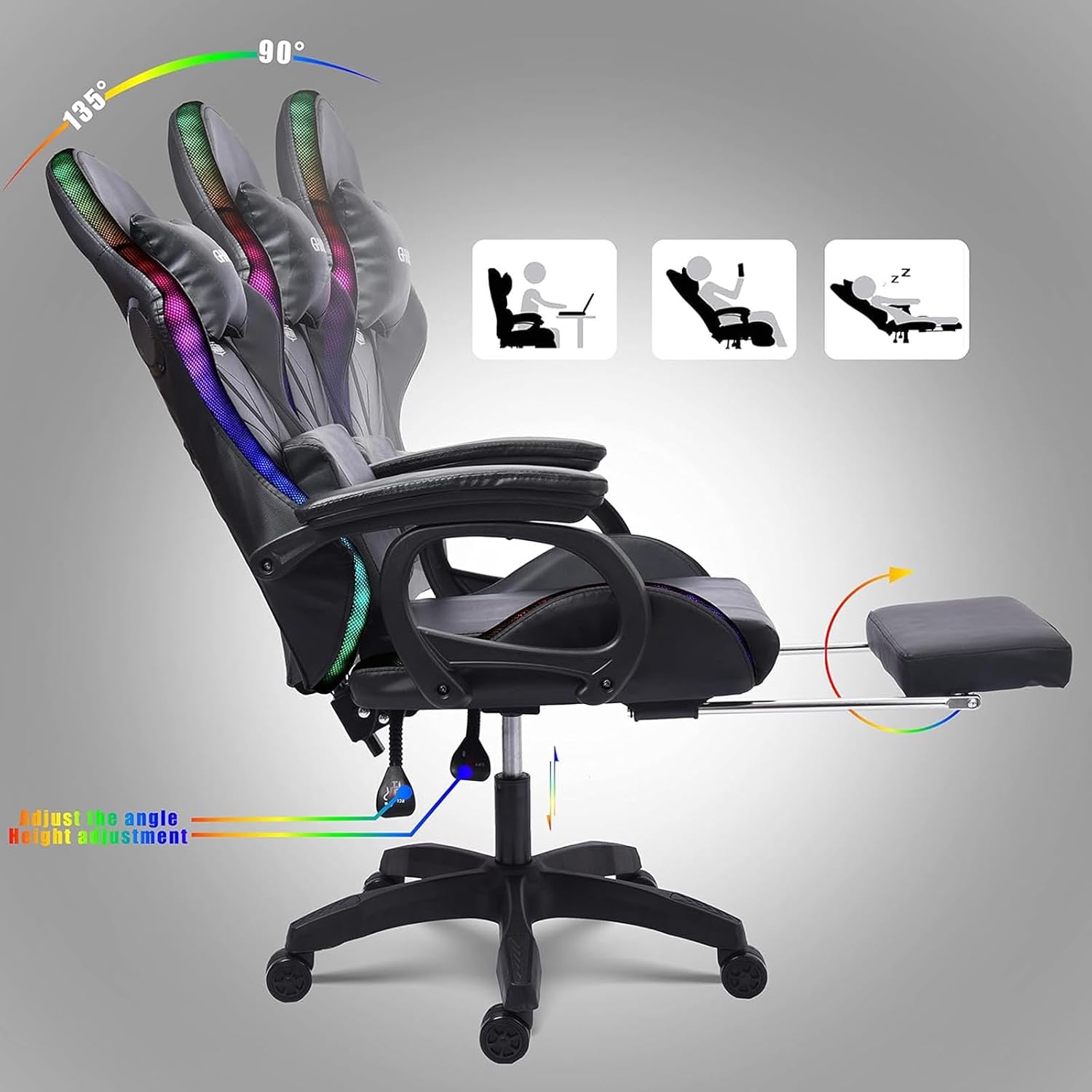 Gaming Chair with Bluetooth Speakers,Computer Chair Massage with LED Lights,Ergonomic Game Chair,Computer Stool with Footrest and Lumbar Support Height Adjustable with 360°-Swivel Seat (Black)