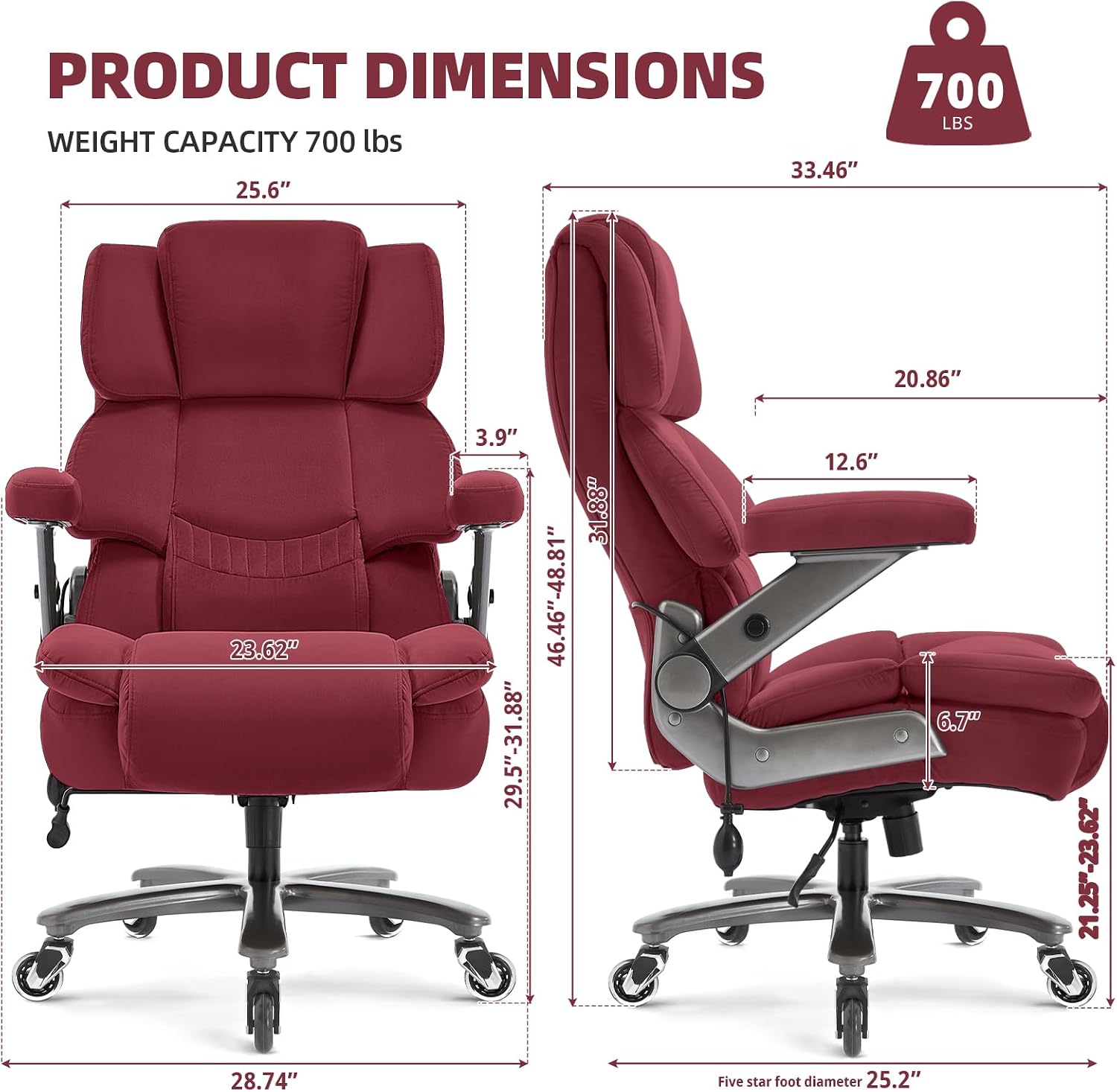 VUZI 700LBS Large Heavy Duty Office Chair with 3D Flip Arms, Big and Tall Plus Size Fabric Executive Desk Chairs, High Back Extra Wide Computer Chair with Adjustable Lumbar Support, Sturdy Metal Base