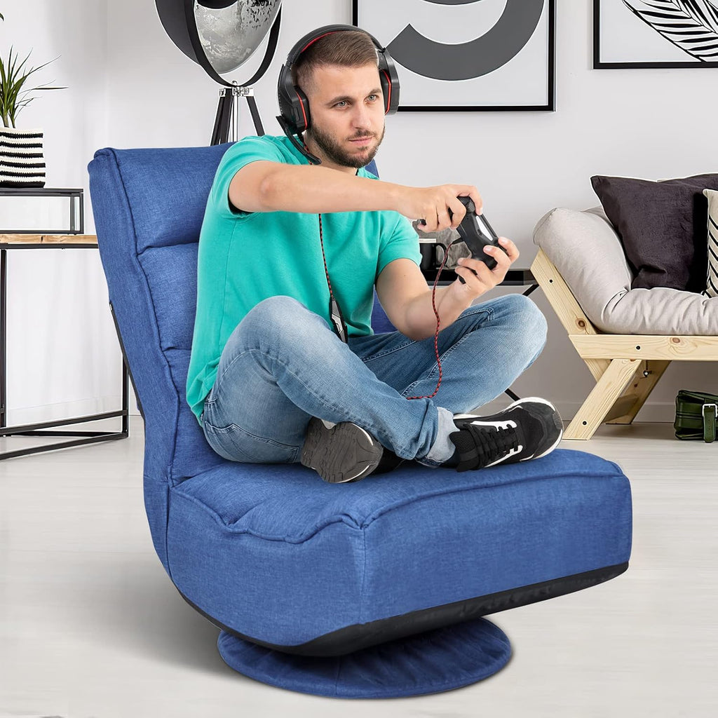 ERGOMASTER Reclining Folding Floor Gaming Chair for Home, Office and Lounging, Reading w/ 360-Degree Swivel, 5 Adjustable Positions, Tufted Cushions （Blue）