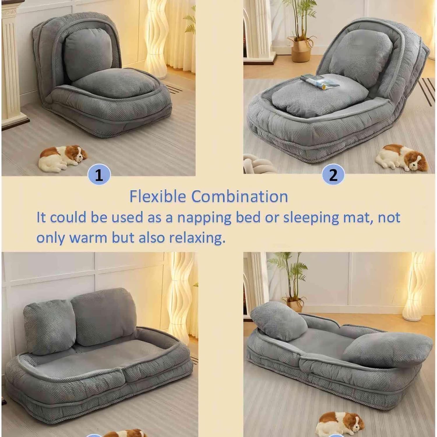 Floor Chair with Back Support, Folding Sofa Chair with 5 Adjustable Position, Plush Floor Gaming Chair, Meditation Chair for Lazy Boys, Human Dog Bed for Living Room, Bedroom, Lounge, Grey