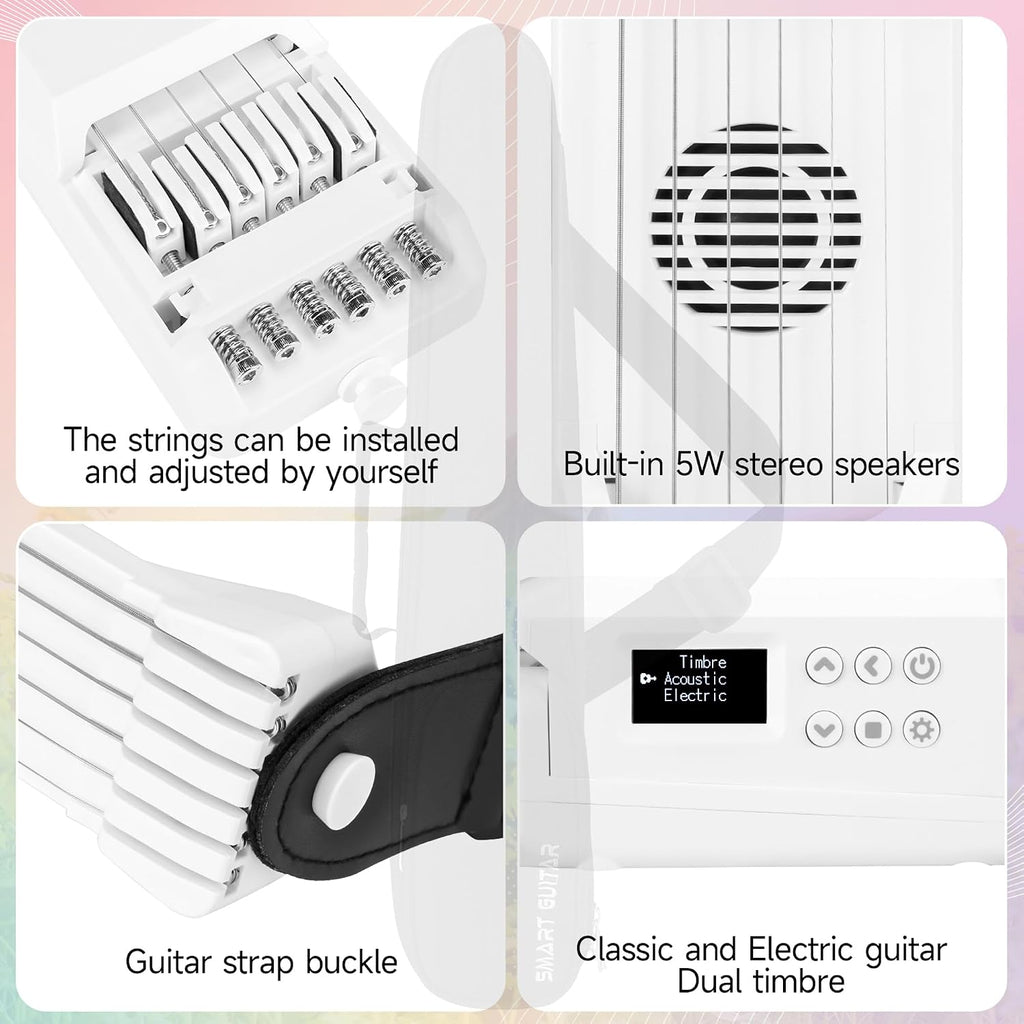 USB Charging Smart Acoustic Electric Travel Chord Practice Portable Guitar Neck for Beginner AI LCD (WHITE)