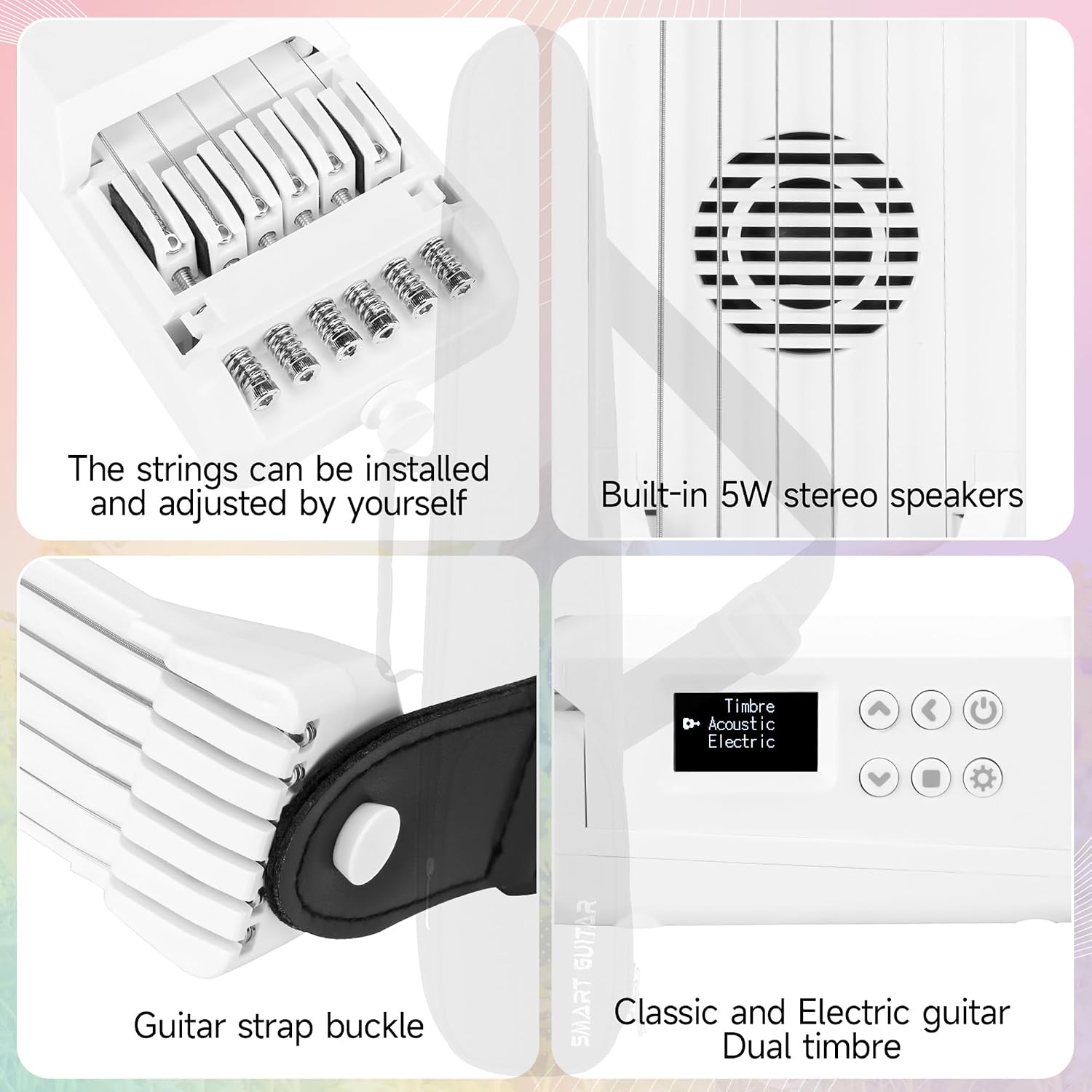 USB Charging Smart Acoustic Electric Travel Chord Practice Portable Guitar Neck for Beginner AI LCD (WHITE)