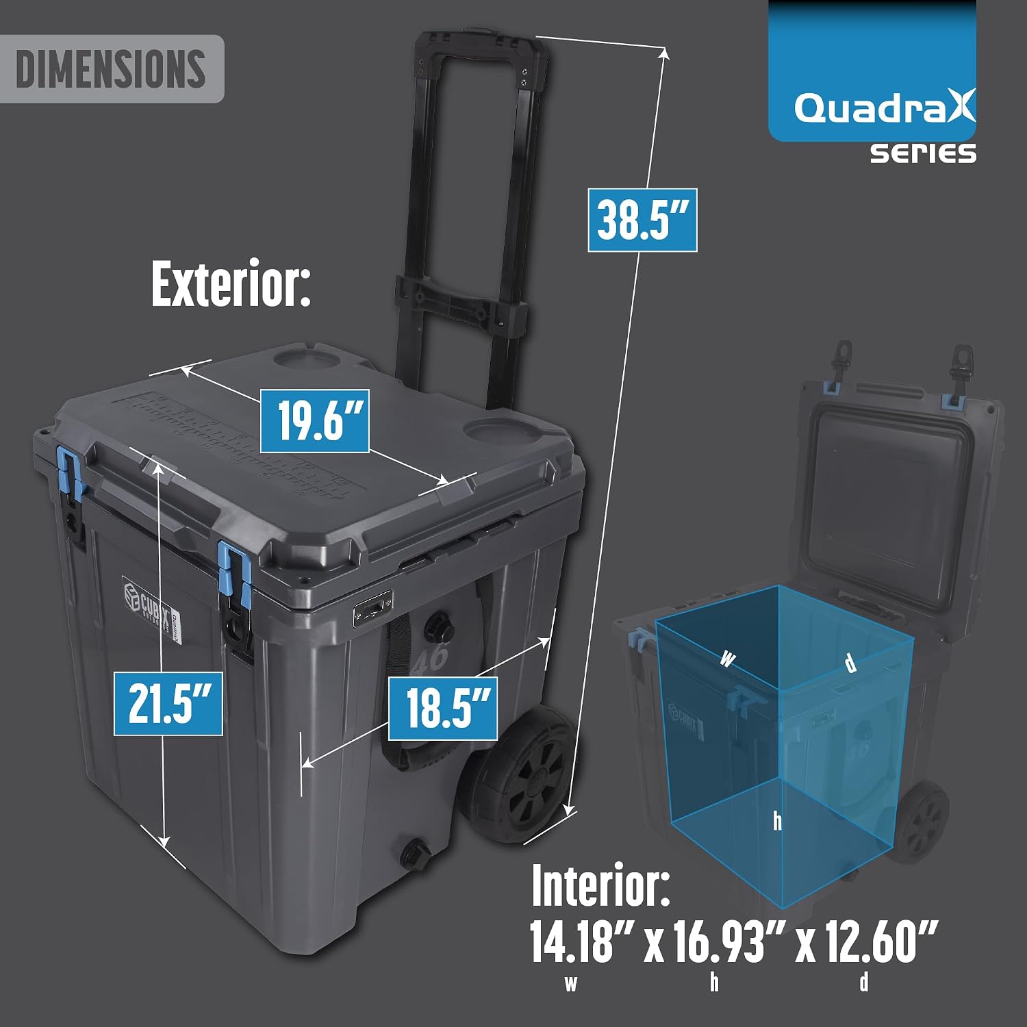 Cubix Outdoors QuadraX 46QT Wheeled Rotomolded Portable Hard Cooler for Camping, Fishing, Beach | Heavy Duty Insulated Ice Chest with Wheels and Handle | Cold Retention 5 Days