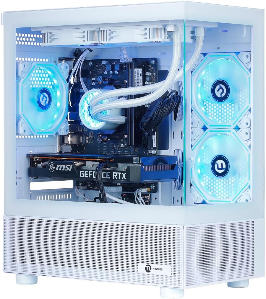 NINGMEI Gaming PC Desktop Computer, Ryzen 7 5700X Gaming Desktop Computer, 32GB RAM 1TB NVMe SSD, GeForce RTX 5060 8GB, Prebuilt Tower PC with Liquid Cooling, 650W PSU, Windows 11 Home, White