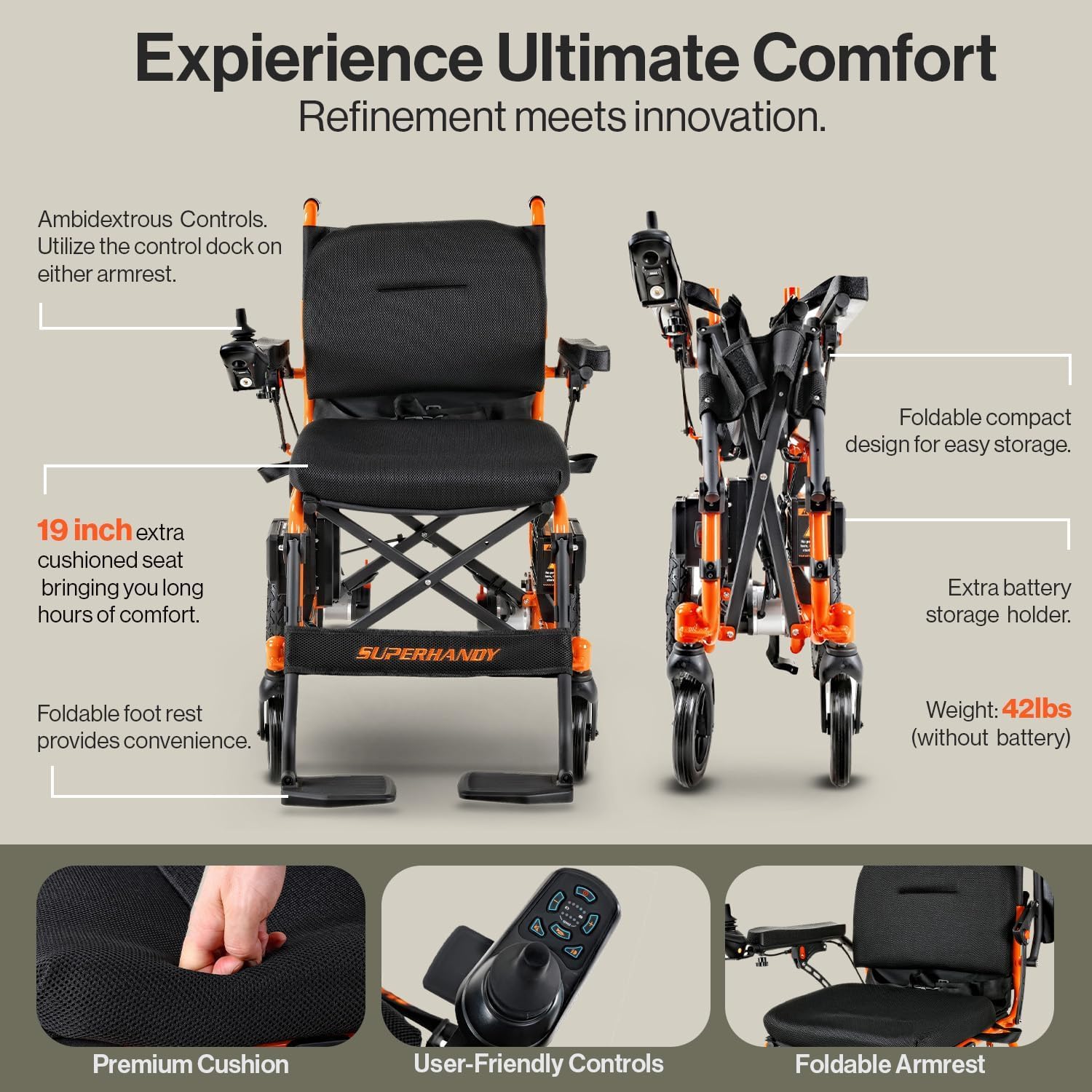 SuperHandy GoRide 2 Electric Wheelchair - Lightweight (42lbs), Foldable, Dual Brushless Motors, Zero Turn, Electromagnetic Brake, Portable Design for Enhanced Mobility (300lbs Capacity)