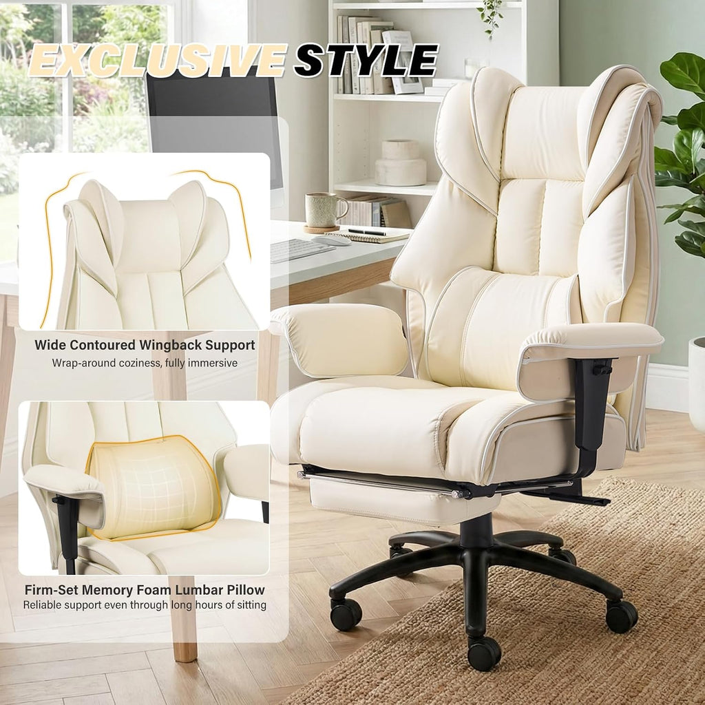Big and Tall Office Chair 400LBS with Foot Rest & Waist Lumber Support, Ergonomic Gaming Chair with 2D Armrests, High-Back Leather Reclining Executive Chair for Home, Office, Beige