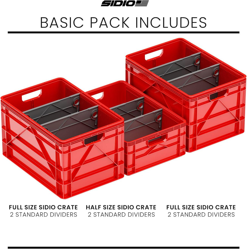 SIDIO Crate Basic Pack - 2 Full-Size & 1 Half-Size Heavy Duty Stackable Storage Bins, Totes and Containers with Dividers - Durable Plastic Organizer for Home, Office, Garage, and Outdoor Use