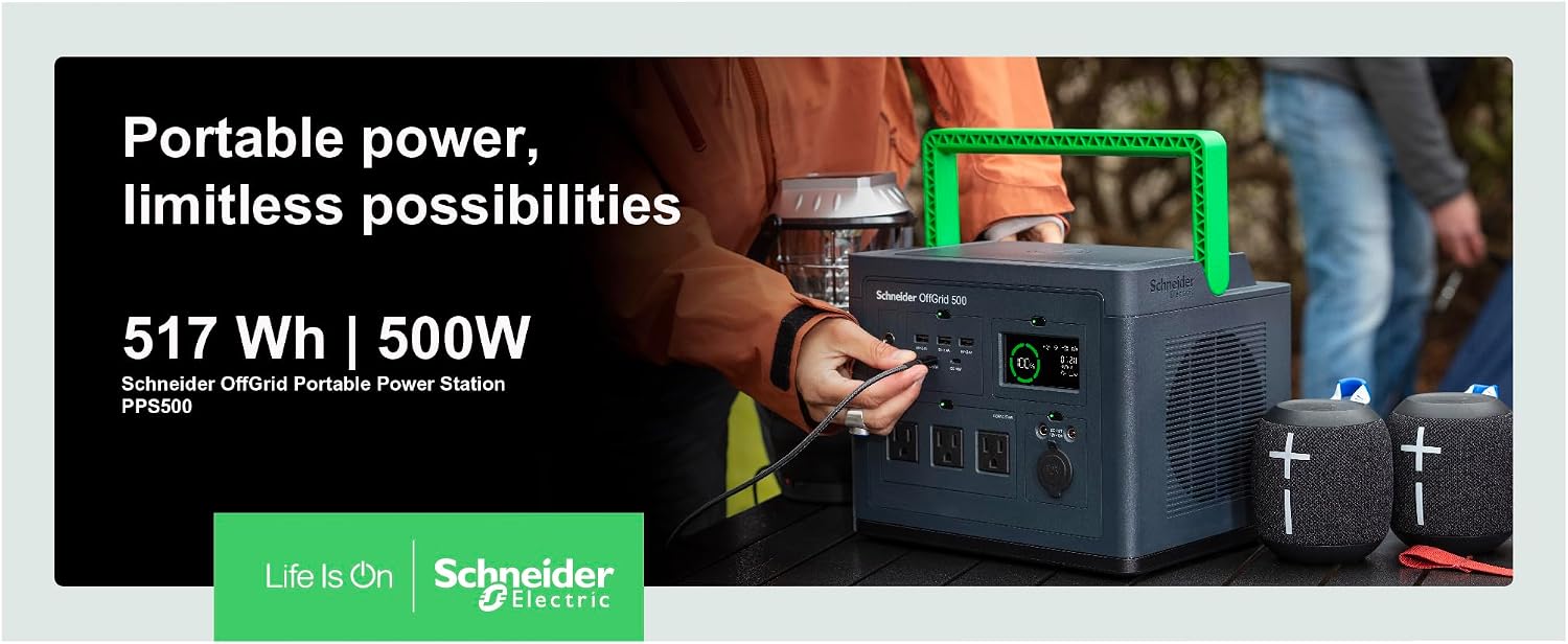 Schneider OffGrid 517Wh Portable Power Station, PPS500 Portable Solar Generator with Wireless Charging Pad, for Camping or Home