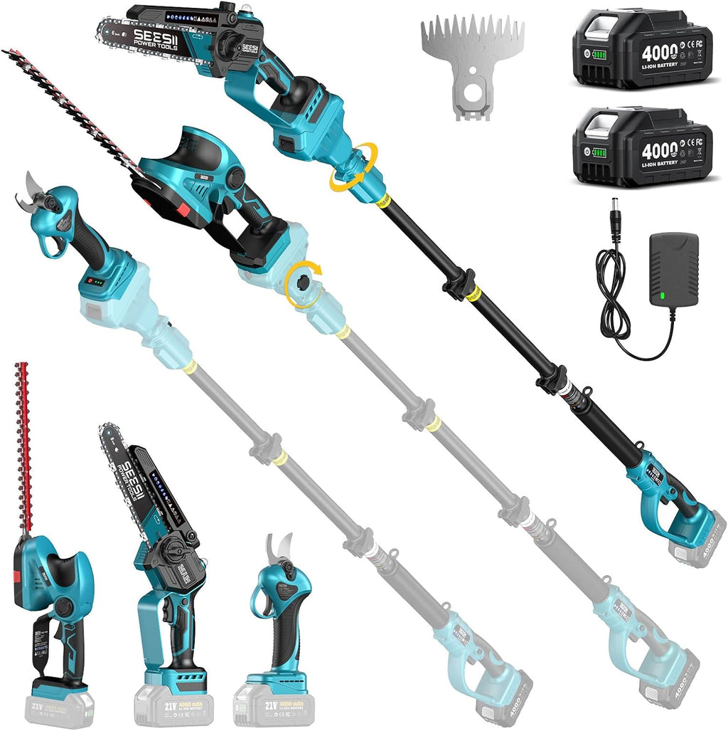 SEESII Cordless Pole Chainsaw, Hedge Trimmer, Pruning Shears, 4000mAh Battery Powered Extendable Garden Tool Kit for Outdoor Use, Electric Long Reach Saw, Hedge and Grass Trimmer, Pruner for Yard Care
